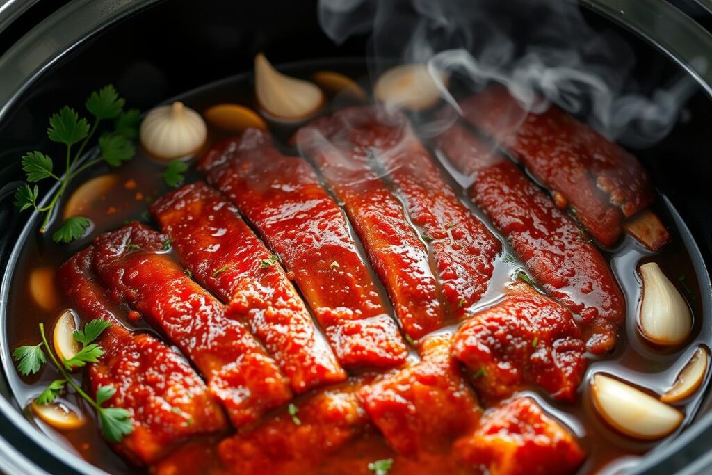 Should ribs be covered in liquid in a slow cooker?